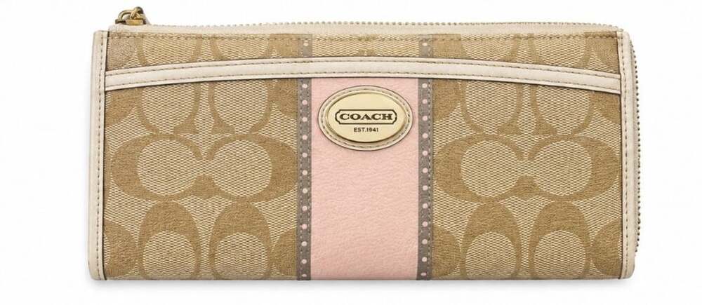 Coach Heritage Stripe Signature C Zip Around Accordion Long Wallet Khaki and Pin
